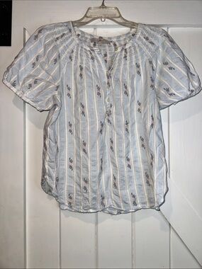 LOFT Pale Blue and Cream Striped Puff-Sleeve Blouse with Tiny Floral Motifs